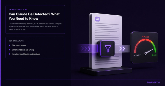 Navy explainer thumbnail with violet accent and a waveform analysis graphic; headline reads "Can Claude AI Be Detected? What You Need to Know"