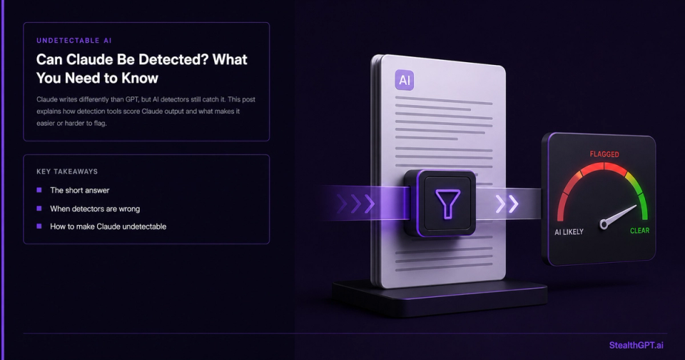 Navy explainer thumbnail with violet accent and a waveform analysis graphic; headline reads "Can Claude AI Be Detected? What You Need to Know"