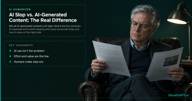 Silver-haired man in a leather armchair comparing two printed articles under a reading lamp, beside the title AI Slop vs. AI-Generated Content: The Real Difference