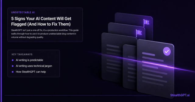 Violet-accent thumbnail with StealthGPT wordmark and headline "How to Use StealthGPT to Write Undetectable Blog Posts at Scale" on a deep navy field