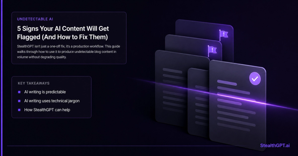 Violet-accent thumbnail with StealthGPT wordmark and headline "How to Use StealthGPT to Write Undetectable Blog Posts at Scale" on a deep navy field