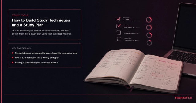 "Open planner with checklists and progress rings above it, beside a laptop —StudySim.ai study techniques thumbnail"