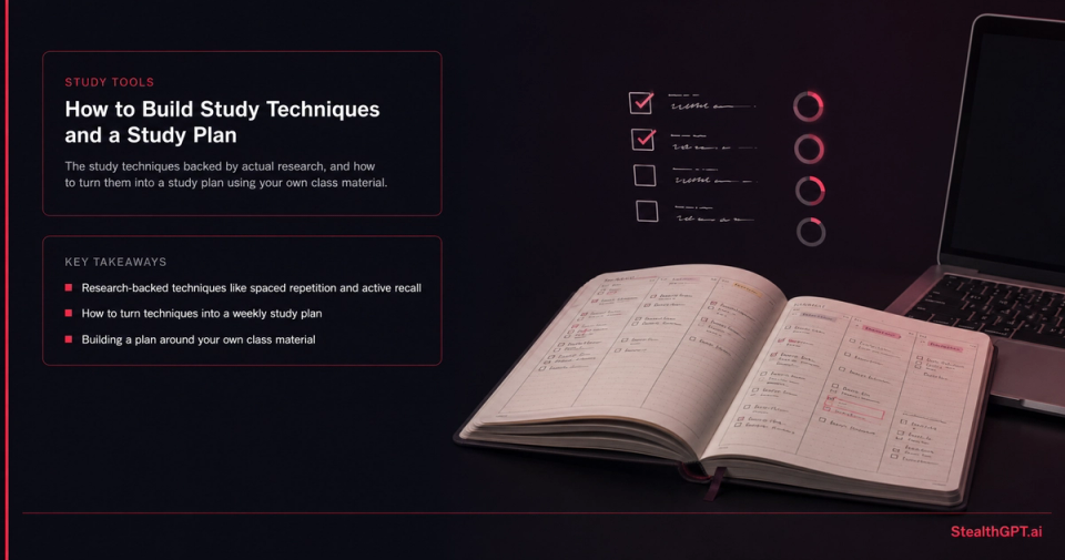 "Open planner with checklists and progress rings above it, beside a laptop —StudySim.ai study techniques thumbnail"