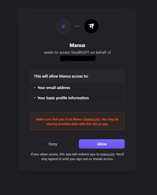 a re-direct to authorize Manus access on a StealthGPT account.