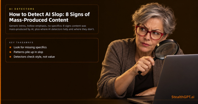 Gray-haired woman in red glasses holding a magnifying glass up to a laptop, beside the title How to Detect AI Slop: 8 Signs of Mass-Produced Content
