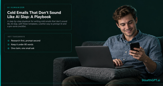 Smiling young man in a chambray shirt on a couch with a laptop, checking his phone, beside the title Cold Emails That Don't Sound Like AI Slop: A Playbook