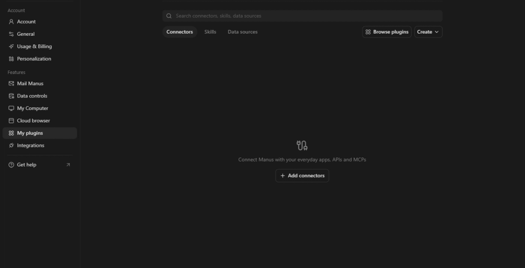 Accessing the Manus connector settings from the dashboard