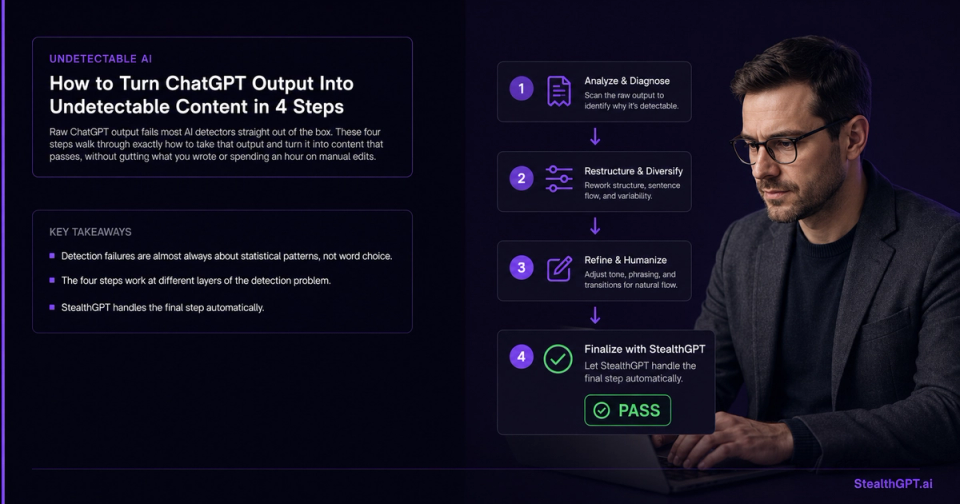 Violet and navy how-to thumbnail with a four-step numbered icon and headline "How to Turn ChatGPT Output Into Undetectable Content in 4 Steps"