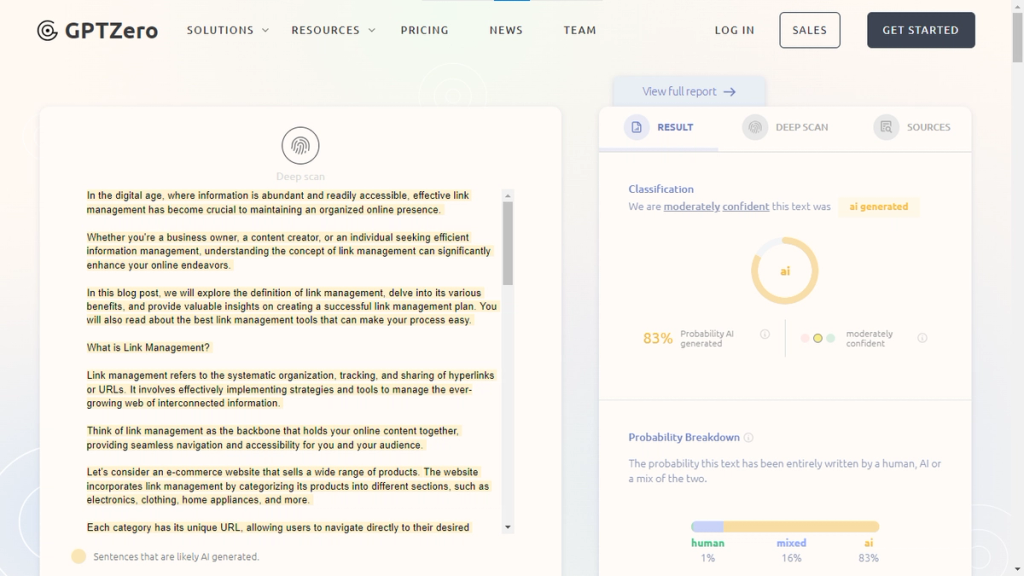 AI Detection Score Of Terminus App'S Content In GPT Zero