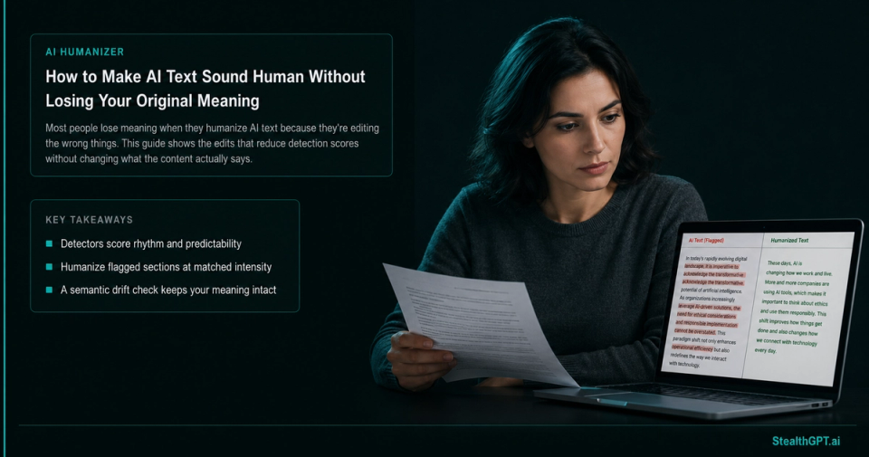Teal and navy how-to thumbnail with a text-edit graphic and headline "How to Make AI Text Sound Human Without Losing Your Original Meaning"