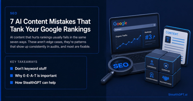 Royal blue listicle thumbnail with a falling graph icon and headline "7 AI Content Mistakes That Tank Your Google Rankings" on deep navy