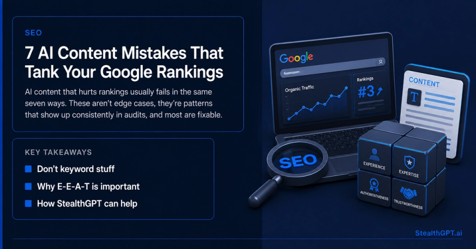 Royal blue listicle thumbnail with a falling graph icon and headline "7 AI Content Mistakes That Tank Your Google Rankings" on deep navy