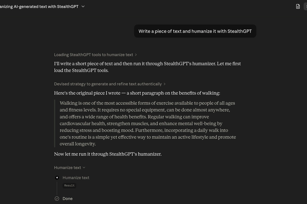 Prompting Claude to generate content and to humanize it with the StealthGPT tool.