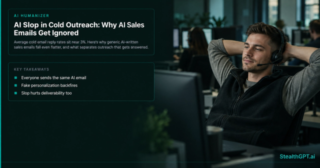 Young man in a headset and fleece vest leaning back at his desk on a sales floor, beside the title AI Slop in Cold Outreach: Why AI Sales Emails Get Ignored