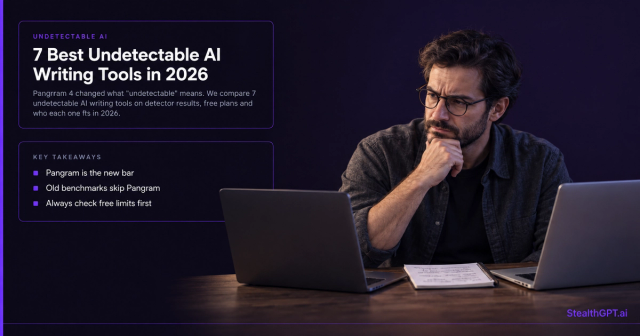 Violet banner with bold text reading "7 Best Undetectable AI Writing Tools in 2026" with a StealthGPT logo accent on a deep navy background