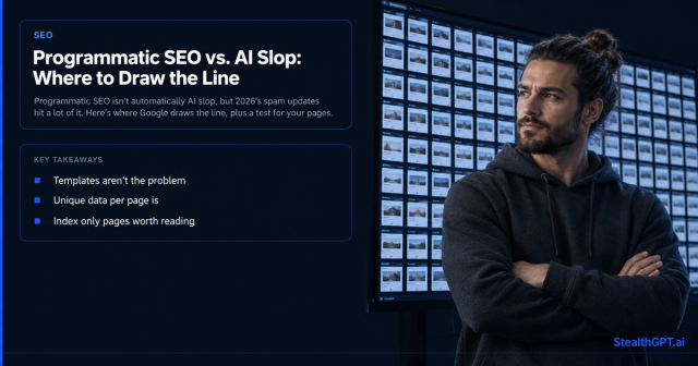 Man with a man-bun in a charcoal hoodie standing arms crossed in front of a wall of near-identical web page thumbnails, beside the title Programmatic SEO vs. AI Slop: Where to Draw the Line