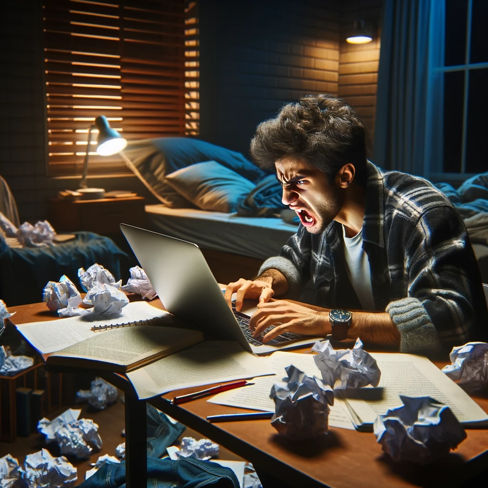 DALL·E 2023 11 26 16 16 09 A College Student, Visibly Frustrated And Angry, Trying To Paraphrase An Essay On Their Laptop Late At Night In A Messy Bedroom The Student, A Young