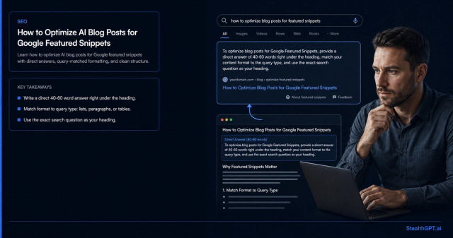 Royal blue how-to thumbnail with a search snippet callout graphic and headline "How to Optimize AI Blog Posts for Google Featured Snippets" on navy