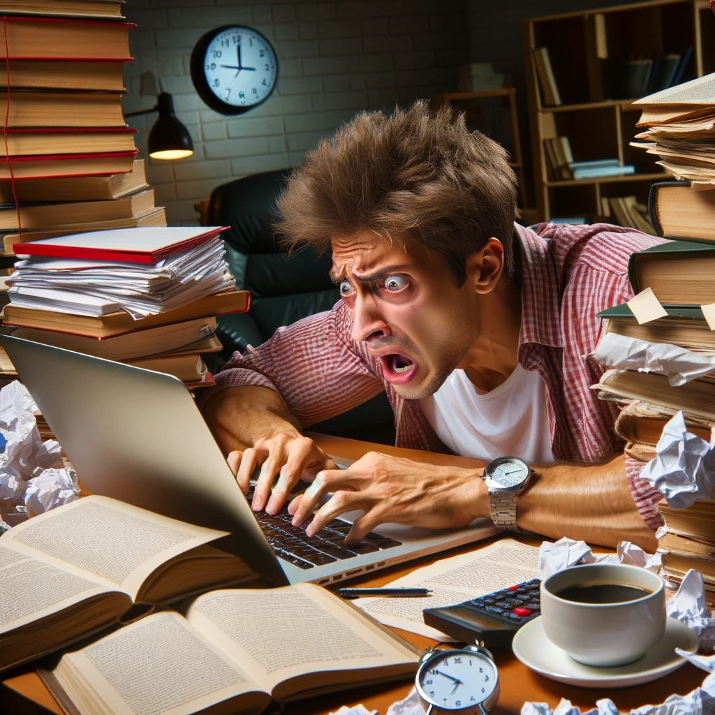 DALL·E 2023 11 19 16 36 43 A College Student Frantically Writing An Essay In A State Of Stress The Scene Is Set In A Study Room With A Young White Man Seated At A Desk He Is S