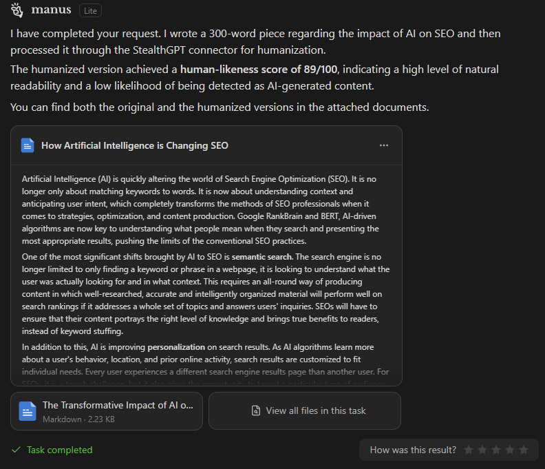 Humanized output from Manus using the StealthGPT MCP tool