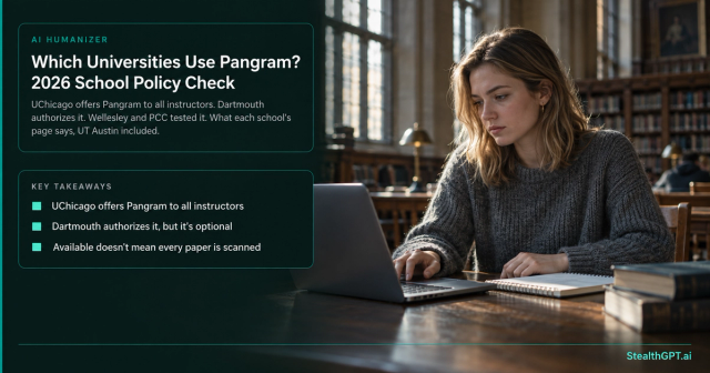Young dark-blond woman in a gray sweater reading at a laptop in a university library, next to the title Which Universities Use Pangram? 2026 School Policy Check