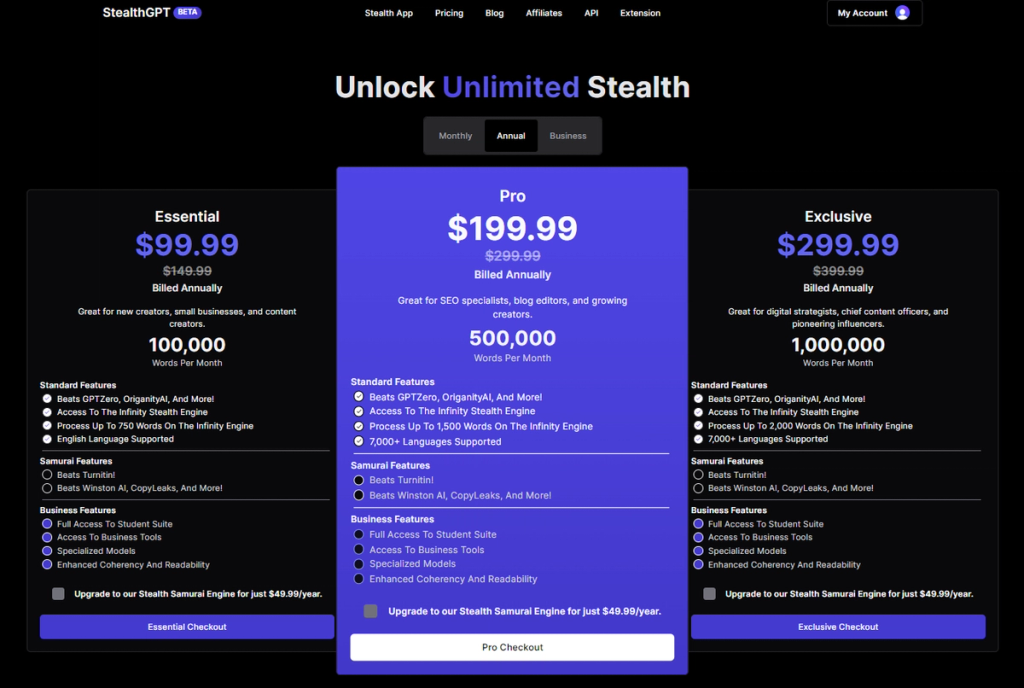 StealthGPT Pricing Annual