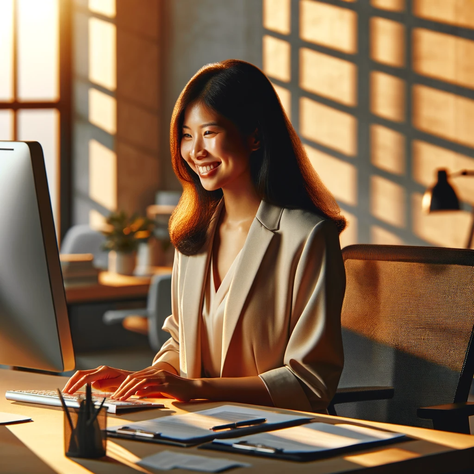 DALL·E 2023 11 26 16 27 13 A Scene In An Office During Golden Hour, With Natural Lighting Casting A Warm, Golden Glow Over Everything An Asian Woman Is Sitting In Her Chair, Ty