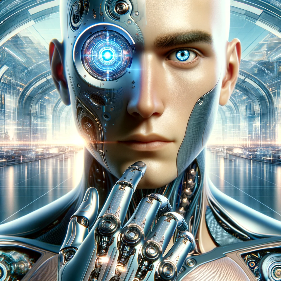 DALL·E 2023 12 18 23 26 55 A Futuristic Image Of A Human Integrated With Machine Elements, Designed To Be Vivid But Not Overly Colorful, And Not Depressing The Human Has Subtle