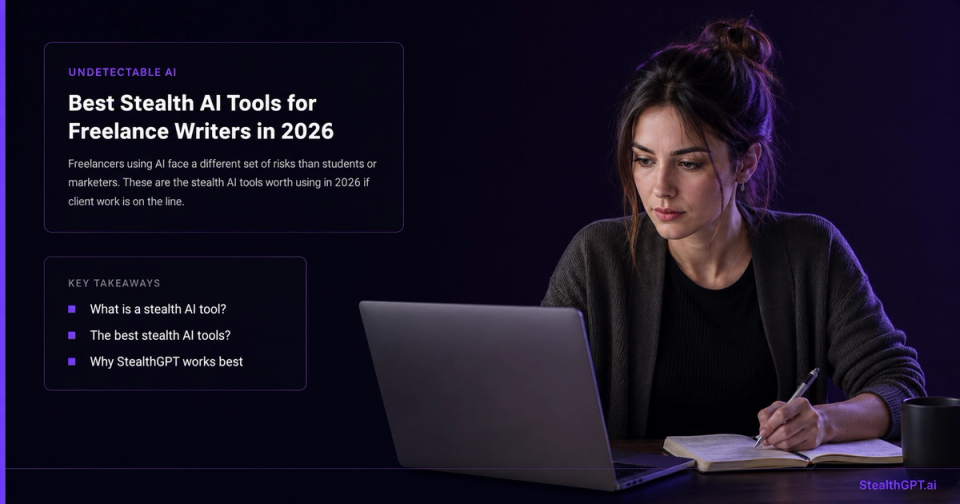 Violet-themed blog thumbnail with a freelancer laptop icon and text "Best Stealth AI Tools for Freelance Writers in 2026" on a deep navy background