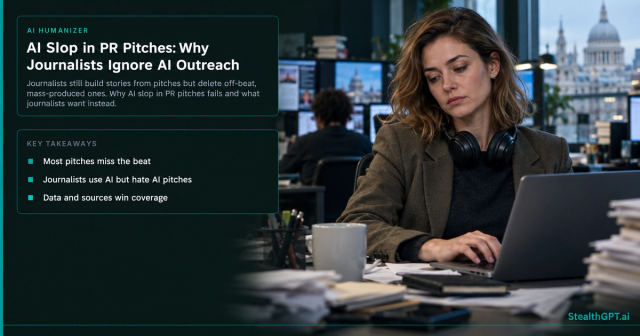Young woman with light brown hair at a newsroom desk reviewing her laptop, beside the title AI Slop in PR Pitches: Why Journalists Ignore AI Outreach