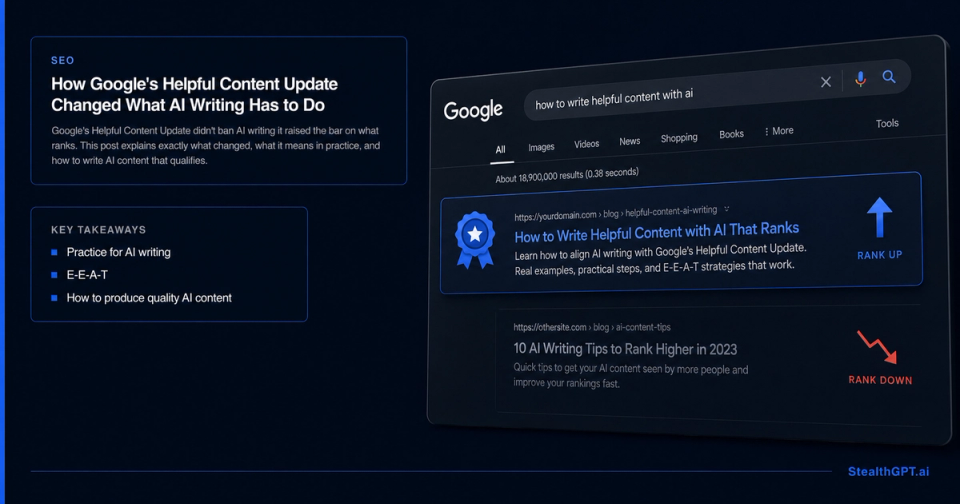 Royal blue explainer thumbnail with a Google algorithm graphic and headline "How Google's Helpful Content Update Changed What AI Writing Has to Do" on navy