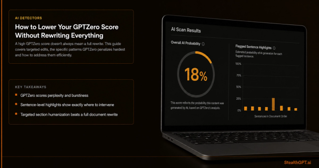 Amber and navy how-to thumbnail with a score gauge dropping graphic and headline "How to Lower Your GPTZero Score Without Rewriting Everything"