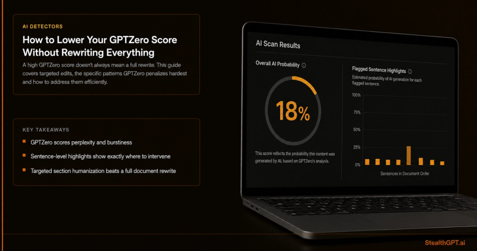 Amber and navy how-to thumbnail with a score gauge dropping graphic and headline "How to Lower Your GPTZero Score Without Rewriting Everything"