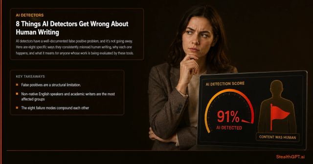 Amber-accent listicle card with an X-mark icon and headline "8 Things AI Detectors Get Wrong About Human Writing" on deep navy