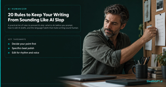 Bearded man pinning a handwritten checklist to a corkboard above his desk, beside the title 20 Rules to Keep Your Writing From Sounding Like AI Slop