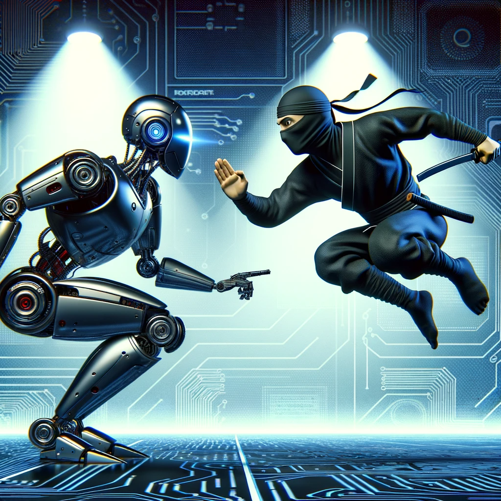 DALL·E 2023 11 15 00 40 11 An Image Depicting A Futuristic Scene Where A StealthGPT Ninja, Representing A Company Logo, Is Successfully Avoiding A Robot AI Detector The AI Dete