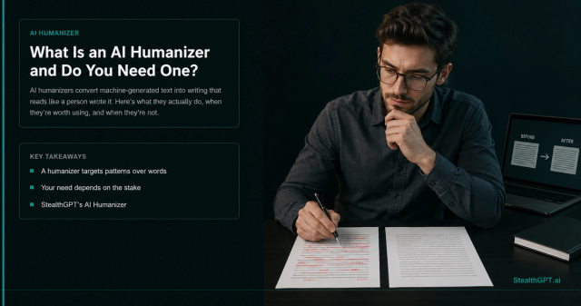 Teal-accented explainer card with a robot-to-human icon and headline "What Is an AI Humanizer and Do You Actually Need One?" on deep navy