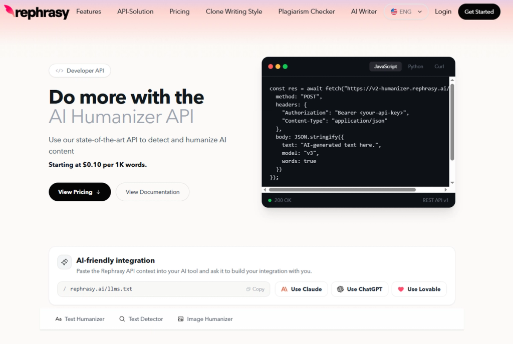 rephrasy api landing page