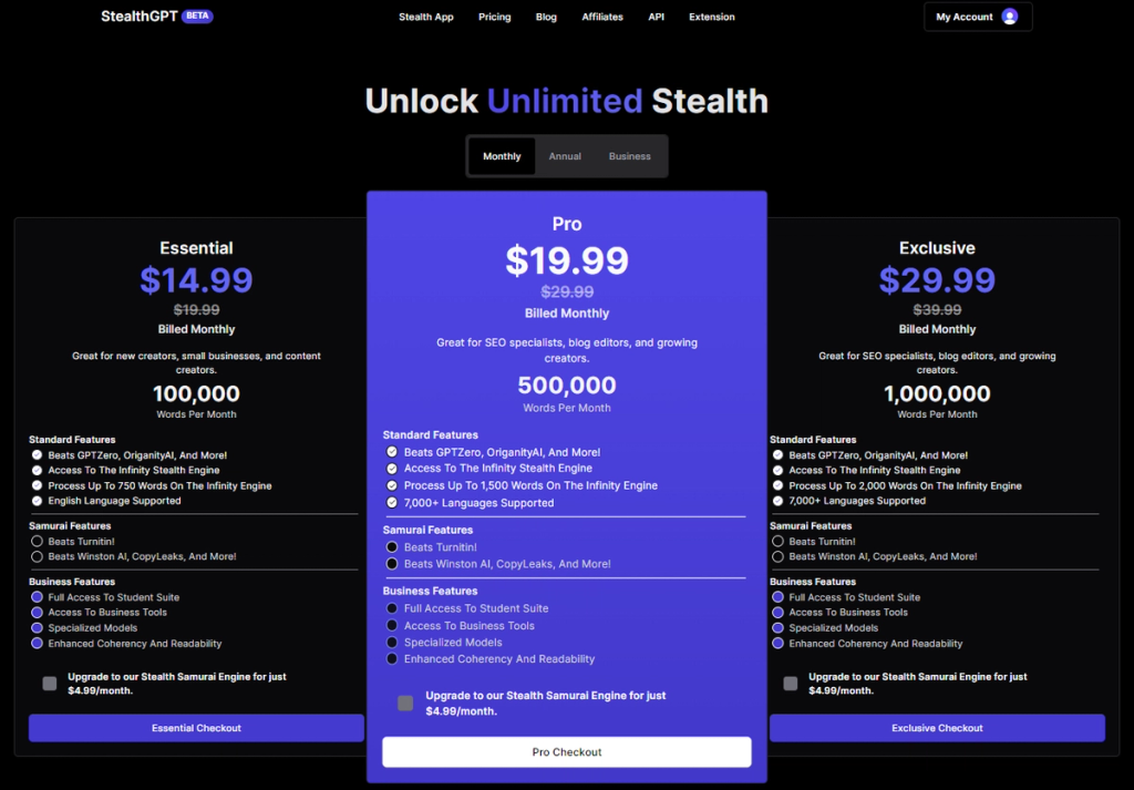 StealthGPT Pricing Monthly