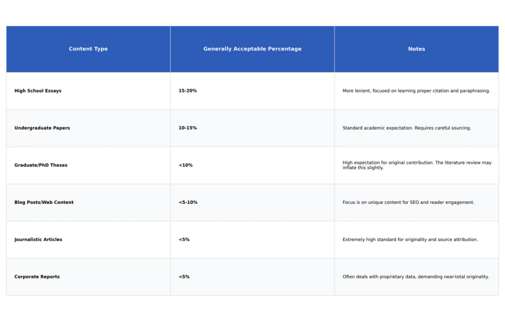 Table: Content Type, Generally Acceptable Percentage, Notes