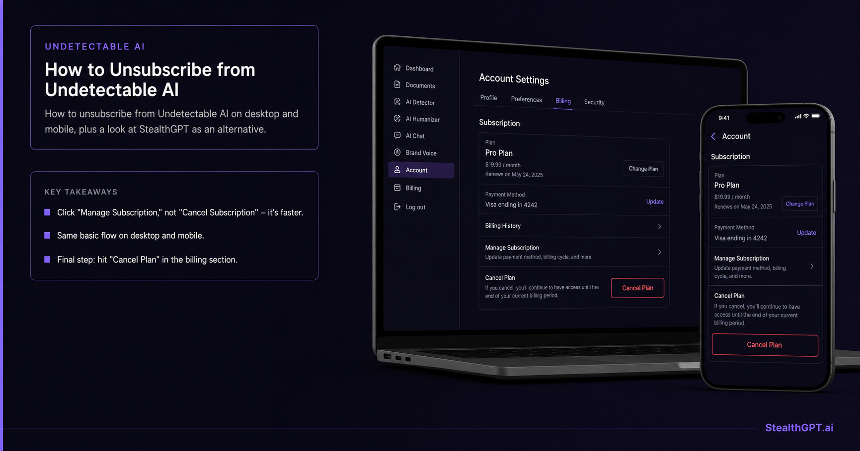 Steps to unsubscribe from Undetectable AI on desktop and mobile