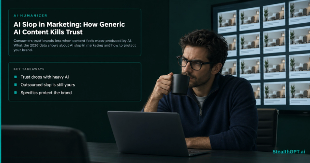 Man in glasses frowning at a wall screen of identical ad mockups in a conference room, beside the title AI Slop in Marketing: How Generic AI Content Kills Trust
