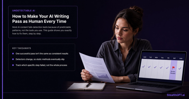 Violet and navy how-to blog thumbnail reading "How to Make Your AI Writing Pass as Human Every Time" with a numbered steps icon on the right side