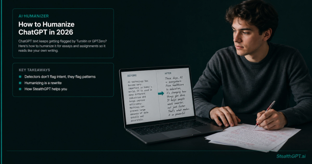 Student revising a red-pen-marked essay next to a laptop showing before-and-after AI humanizer text for ChatGPT academic writing