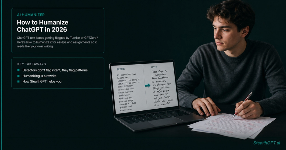 Student revising a red-pen-marked essay next to a laptop showing before-and-after AI humanizer text for ChatGPT academic writing