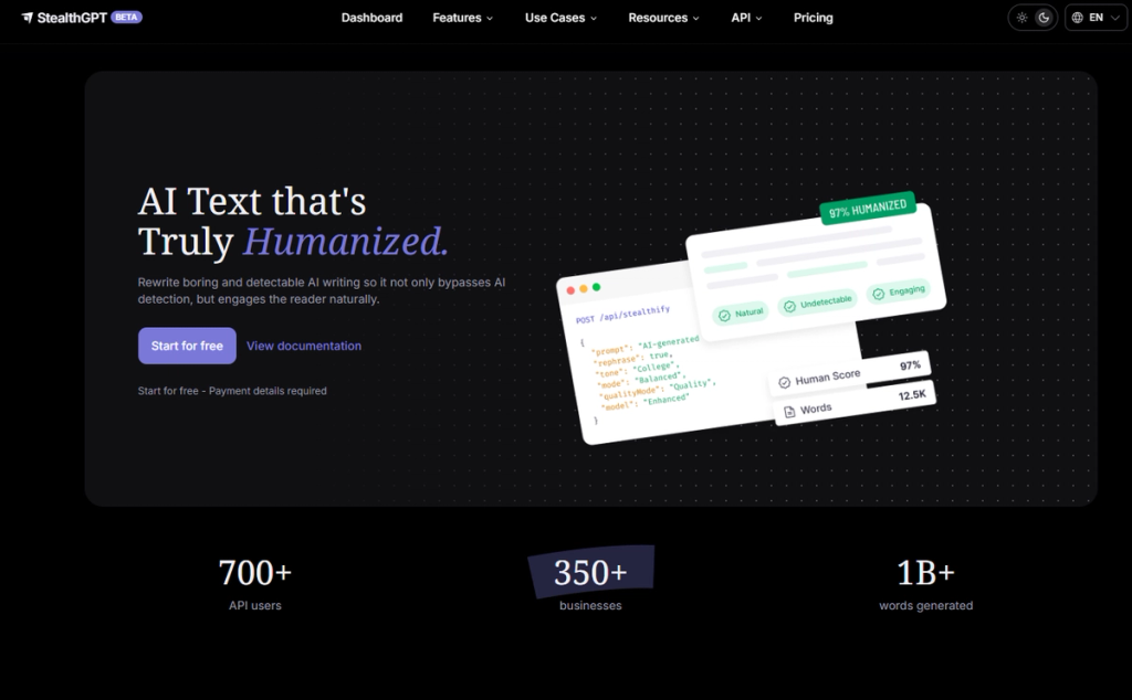 StealthGPT API landing page