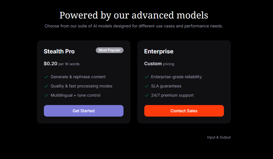 StealthGPT's 2026 API pricing sheet