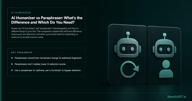 Teal split-panel comparison thumbnail reading "AI Humanizer vs Paraphraser" with a tool-function diagram on a deep navy background