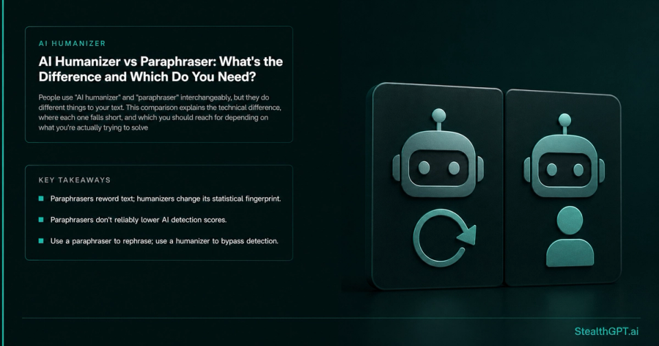 Teal split-panel comparison thumbnail reading "AI Humanizer vs Paraphraser" with a tool-function diagram on a deep navy background