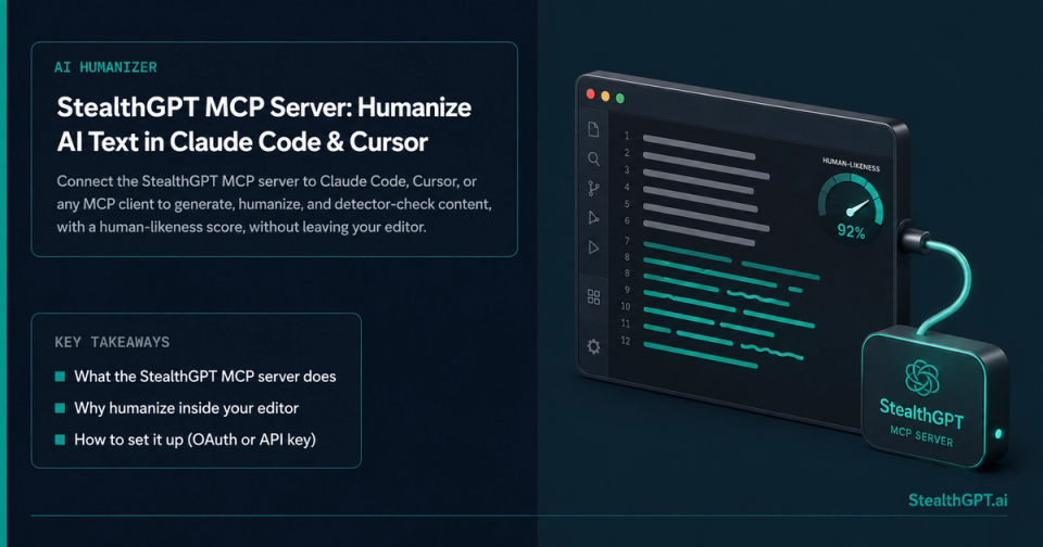 StealthGPT MCP server humanizing AI text inside a code editor in Claude Code and Cursor, with human-likeness score